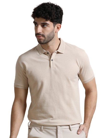 Sand Beige Regular Fit Men's Polo Solid T-shirt